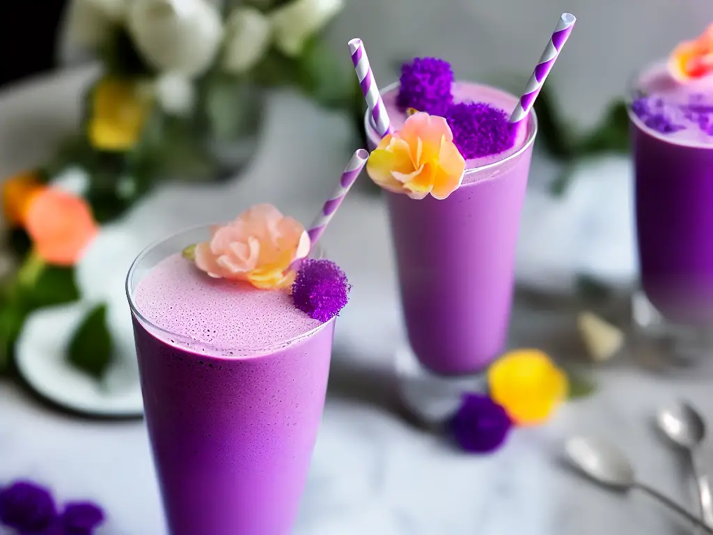 A tall, clear glass filled with a purple-colored milkshake with whipped cream and a colorful straw, rimmed with purple sugar crystals. The colorful garnishes add to an overall appealing aesthetic.