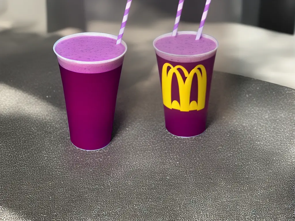 A McDonald's cup filled with a purple milkshake, known as the purple mcshake.