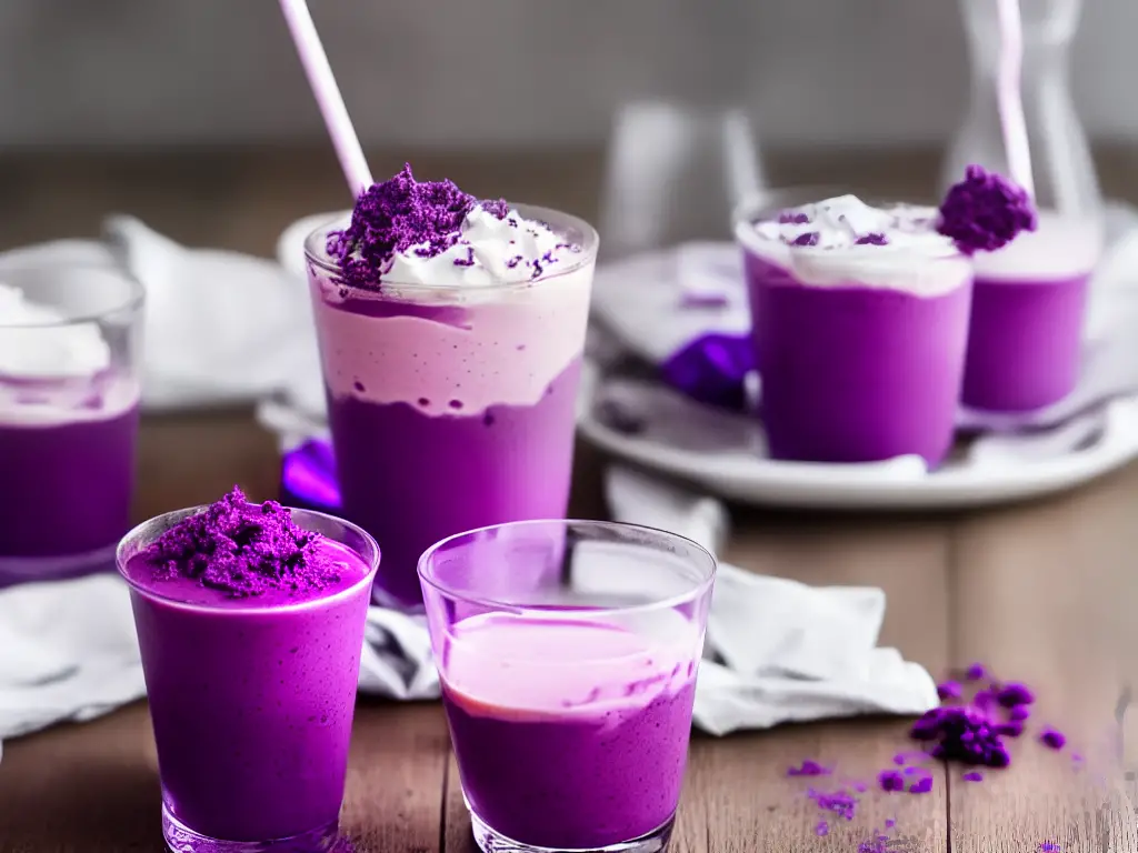 A picture of a McDonald's Purple McShake with purple swirls on top and whipped cream in a clear cup.
