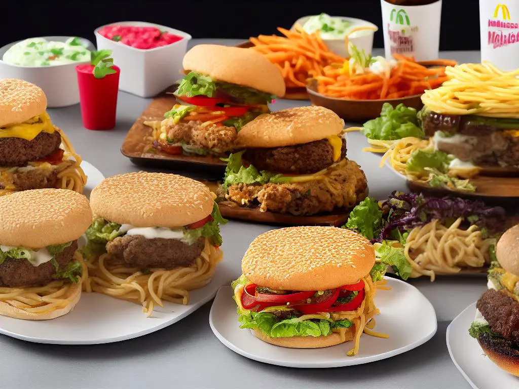 A picture of McDonald's regional menu items like the Cottage Cheese and Radish McMuffin, McAloo Tikki burger, Teriyaki Burger, McArabia and Chicken McDo with Spaghetti.
