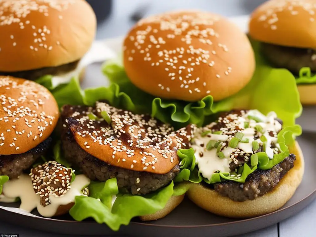 A mouth-watering image of the Samurai Pork Burger with the pork patty, teriyaki sauce, lettuce, and mayo layered between the sesame seed buns.