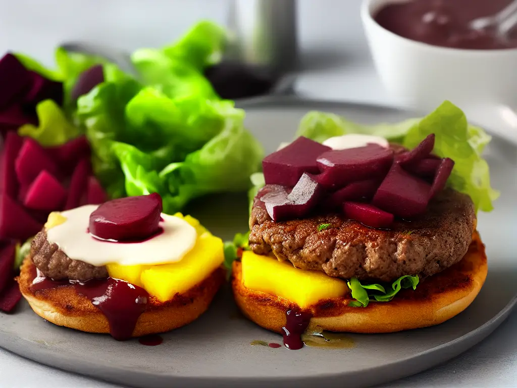 A picture of the McDonald's Serious Lamb Burger with a lamb patty, beetroot, pineapple, lettuce, and special sauce in a unique bun.