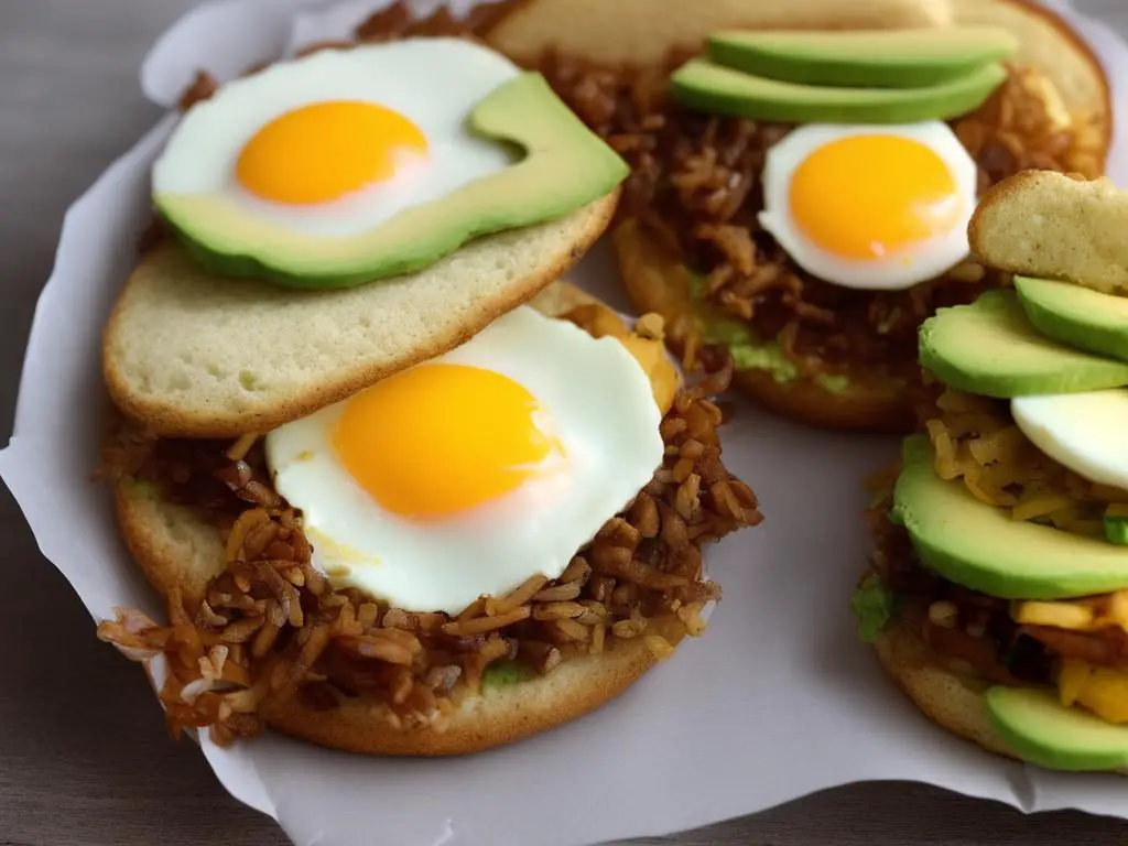 A picture of a Super Honduran McMuffin sandwich with an English muffin, egg, cheese, beans, and avocado.