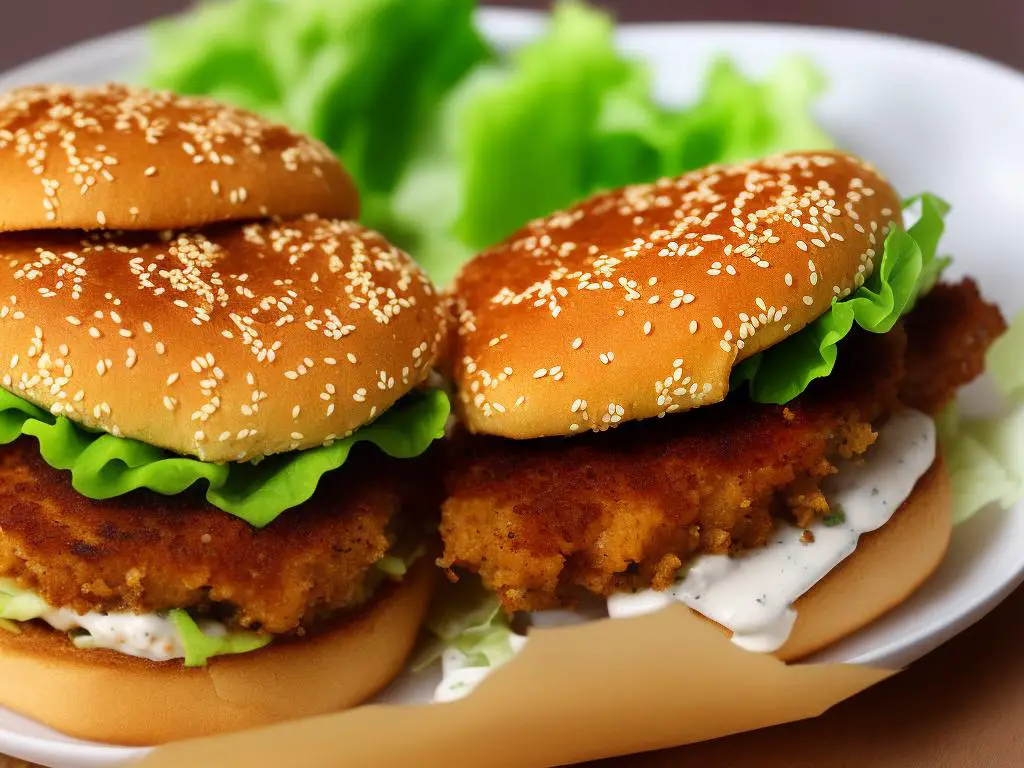 A picture of a McDonald's Sweet Chili Fish Burger with fish patty coated in breadcrumbs, lettuce, tomatoes, sweet chili sauce and mayonnaise in a sesame bun.