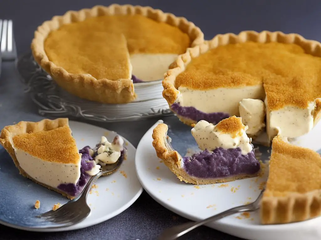 The image shows a McDonald's Taro Pie, with a golden crispy crust and a purple taro filling inside. There is a bite taken out of the pie.