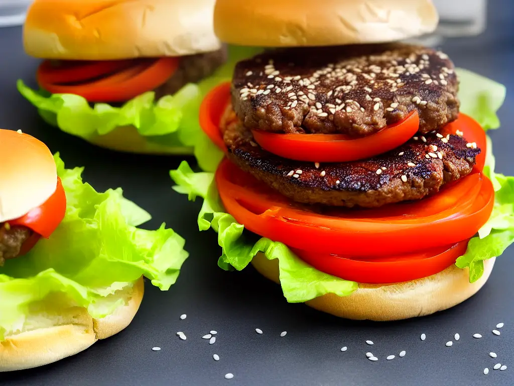 An image of a teriyaki burger with lettuce and tomato on a sesame seed bun.
