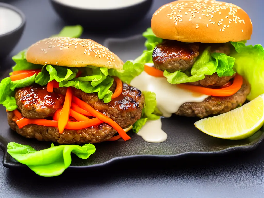 An image of a juicy Teriyaki Burger with lettuce, pork patty, and sauce spilling out of the sides.