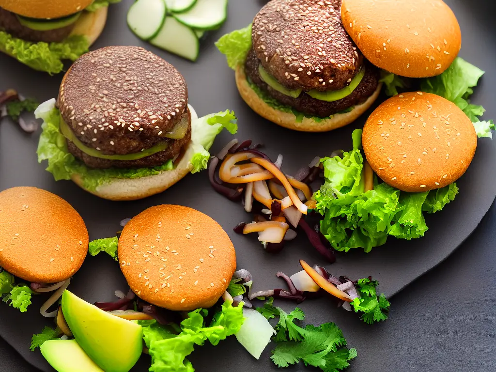 Illustration of a Teriyaki Burger with a pork patty, teriyaki sauce, lettuce, and mayonnaise, with different ingredients around it like shiitake mushrooms, pickled ginger, avocado, cucumber, and red onion