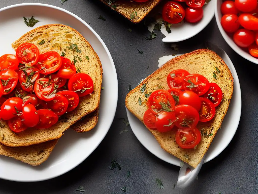 A slice of toasted bread with olive oil and freshly grated tomatoes on top, seasoned with salt and dried herbs, served as a breakfast dish.