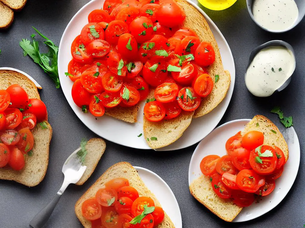 A picture of a cut-up tomato on a freshly toasted bread that is drizzled with extra virgin olive oil.