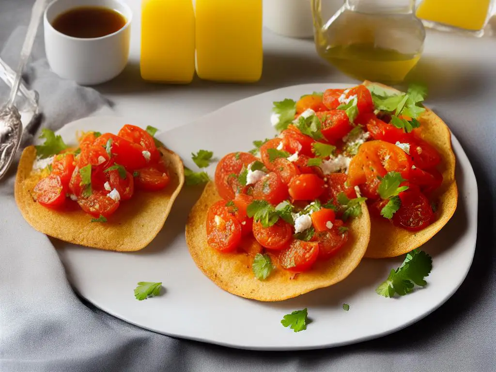 A photo of a piece of toasted bread with olive oil and grated tomato on top, served on a plate with a side of orange juice and coffee. The dish is known as Tostada con Aceite y Tomate from McDonald's Spain.