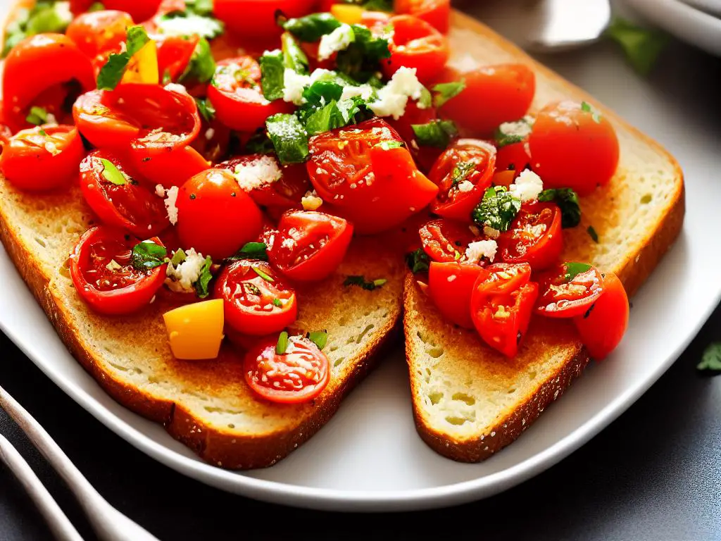An image of a slice of toasted bread drizzled with olive oil and topped with freshly grated tomatoes.