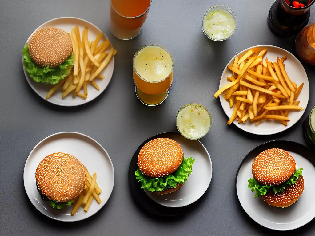 A picture of a McDonald's Veggie Tasty burger on a plate with fries and a drink beside it, shown from above